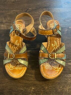 Leather Strappy Sandals in Brown and Light Teal bohemian kitten heel retro vibes